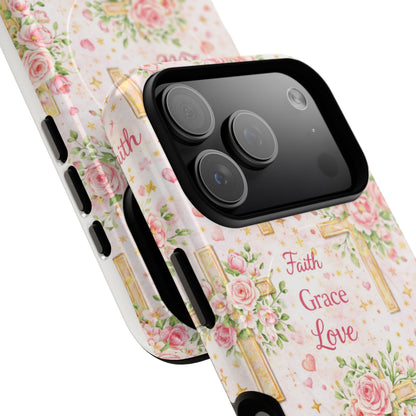 Faith Grace Love Tough Magnetic Phone Case — Floral Cross Protective Cover