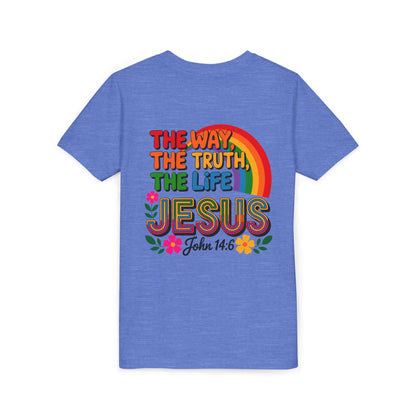 Youth Tee — "The Way, The Truth, The Life" Jesus John 14:6 Rainbow Christian Shirt