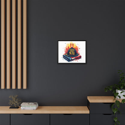 Never Forget 9/11 Framed Canvas Print — Firefighter Helmet & American Flag Memorial Art