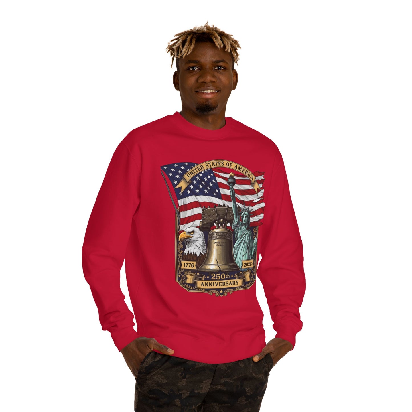 Liberty 250th Anniversary Sweatshirt — USA Flag, Statue of Liberty & Liberty Bell Design