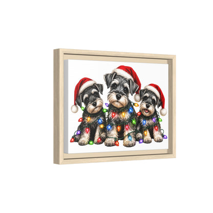 Christmas Schnauzer Canvas Print — Festive Puppies in Santa Hats (Matte Framed)