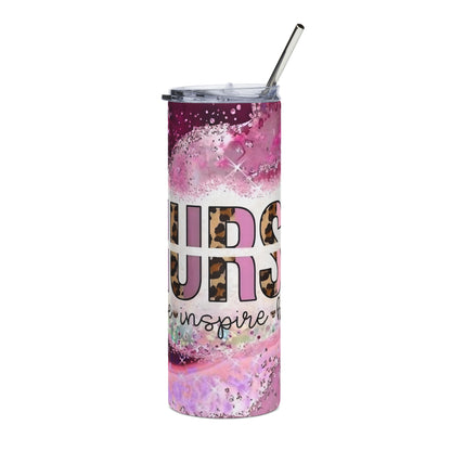 Nurse Leopard Print 20oz Stainless Tumbler — Pink Glitter ‘Love. Inspire.’ Design