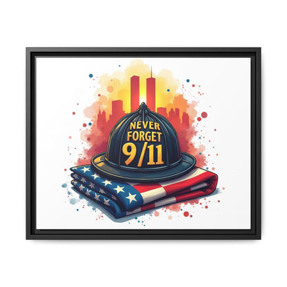 Never Forget 9/11 Framed Canvas Print — Firefighter Helmet & American Flag Memorial Art