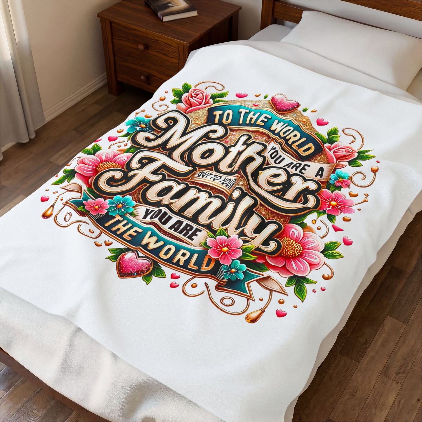 Mother & Family Velveteen Plush Blanket – "To the World You Are a Mother" Floral Throw (Mother's Day Gift)