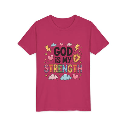 God Is My Strength Youth Tee — Cute Faith-Based Kids T-Shirt
