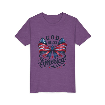 Youth Tee — "God Bless America" Patriotic Bow T-Shirt (4th of July, Memorial Day)