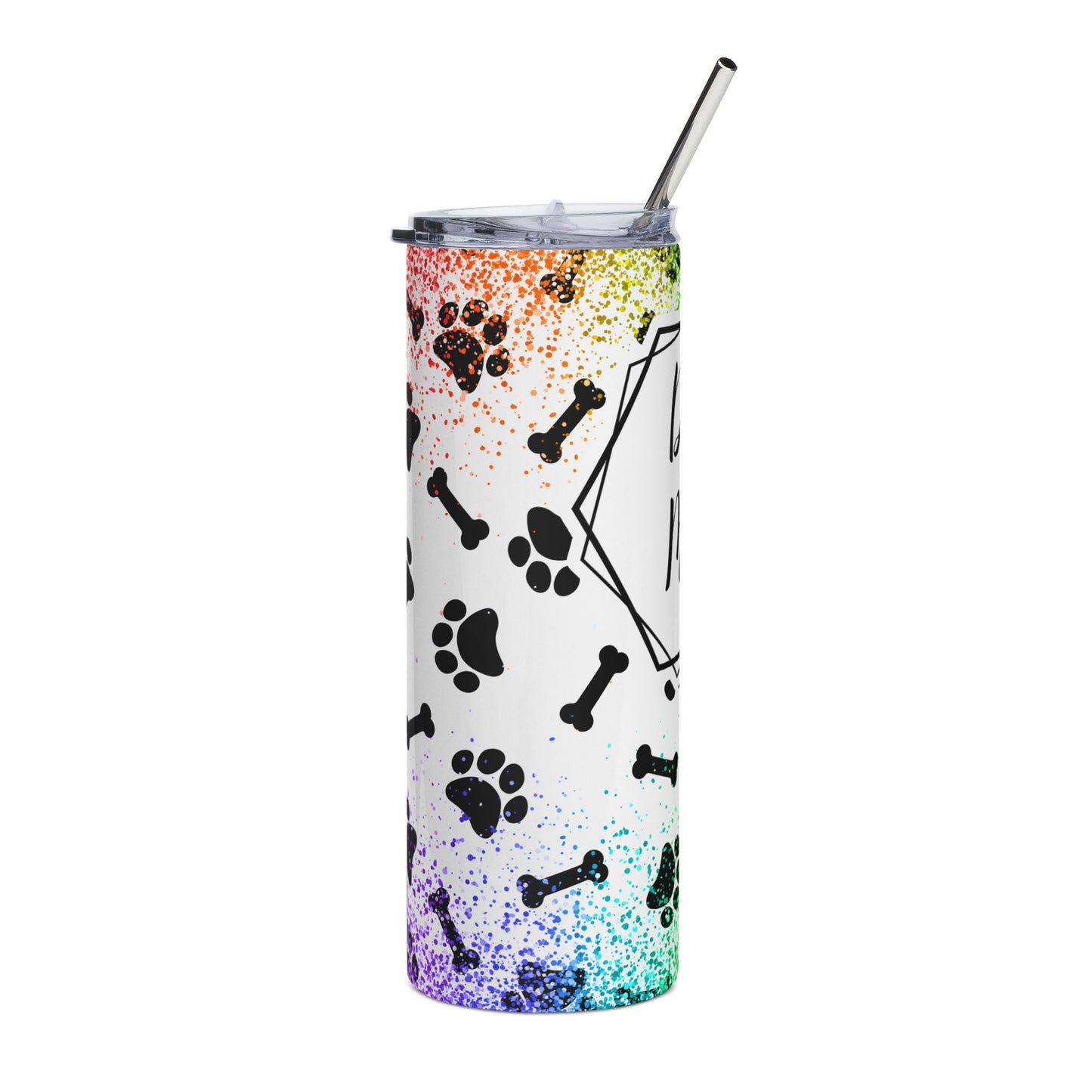 Dog Mom Stainless Steel Tumbler — 20oz Rainbow Paw Print Travel Cup