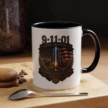 9/11 Memorial Coffee Mug — 'We Will Never Forget' Tribute Accent Mug