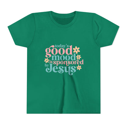 Youth Tee – "Today's Good Mood is Sponsored by Jesus" Retro Floral Christian Shirt