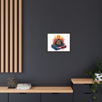 Never Forget 9/11 Framed Canvas Print — Firefighter Helmet & American Flag Memorial Art