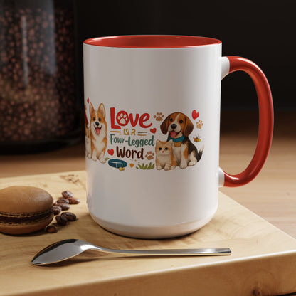 Dog Lover Accent Coffee Mug — “Love is a Four-Legged Word” Ceramic Gift