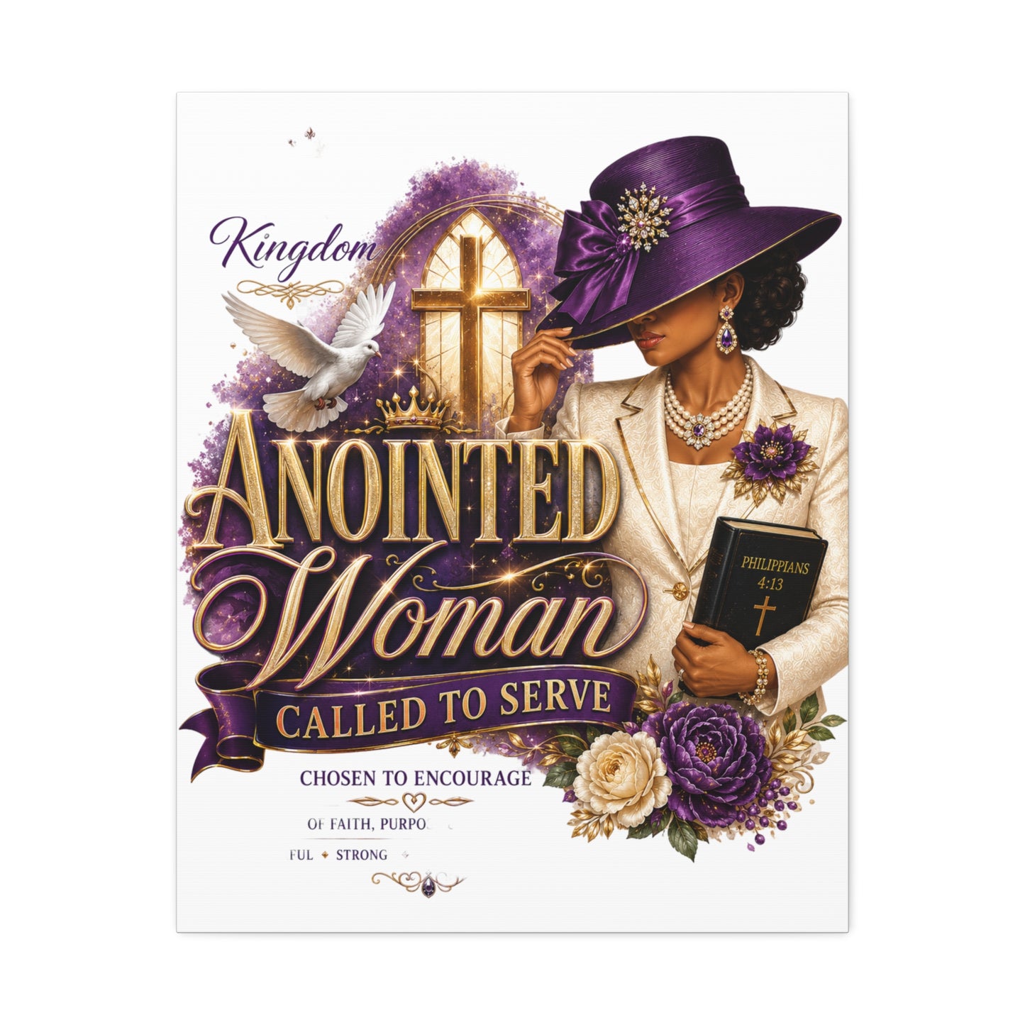 Anointed Woman Stretched Canvas — "Called to Serve" Faith Wall Art (Purple Hat & Bible)