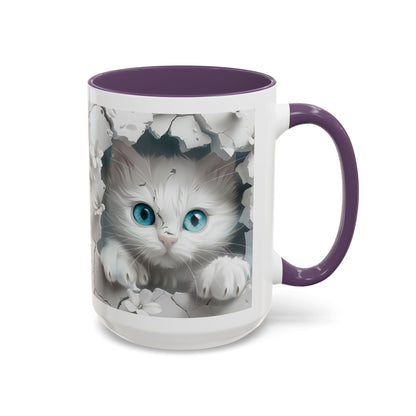 Cute Blue-Eyed Kitten Accent Coffee Mug – Floral Peekaboo Cat Design (11/15 oz)