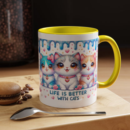 Life Is Better With Cats Accent Coffee Mug — Cute Pastel Kawaii Cat Trio (11/15oz)