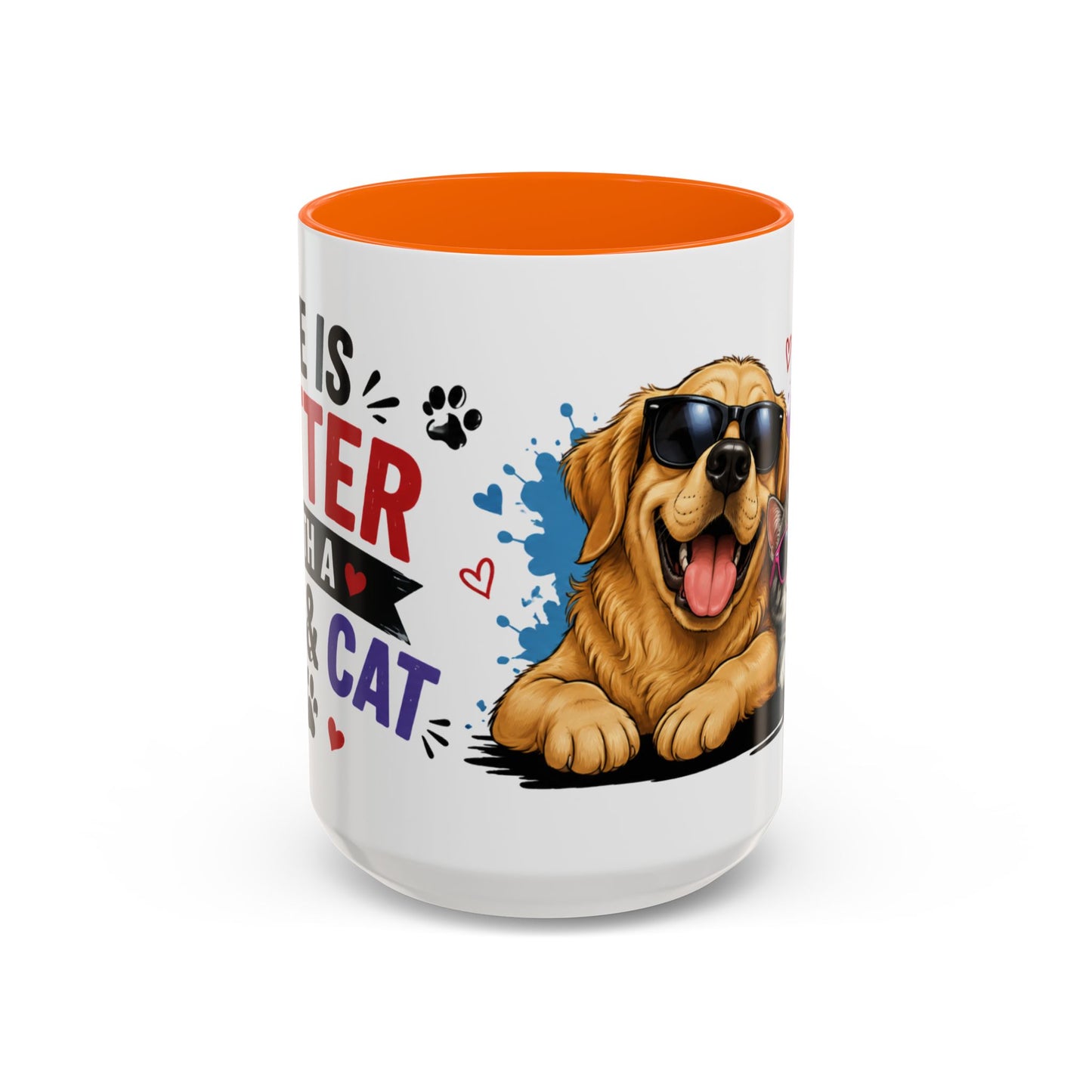 Dog and Cat Coffee Mug – "Life is Better with a Cat" Accent Ceramic Mug