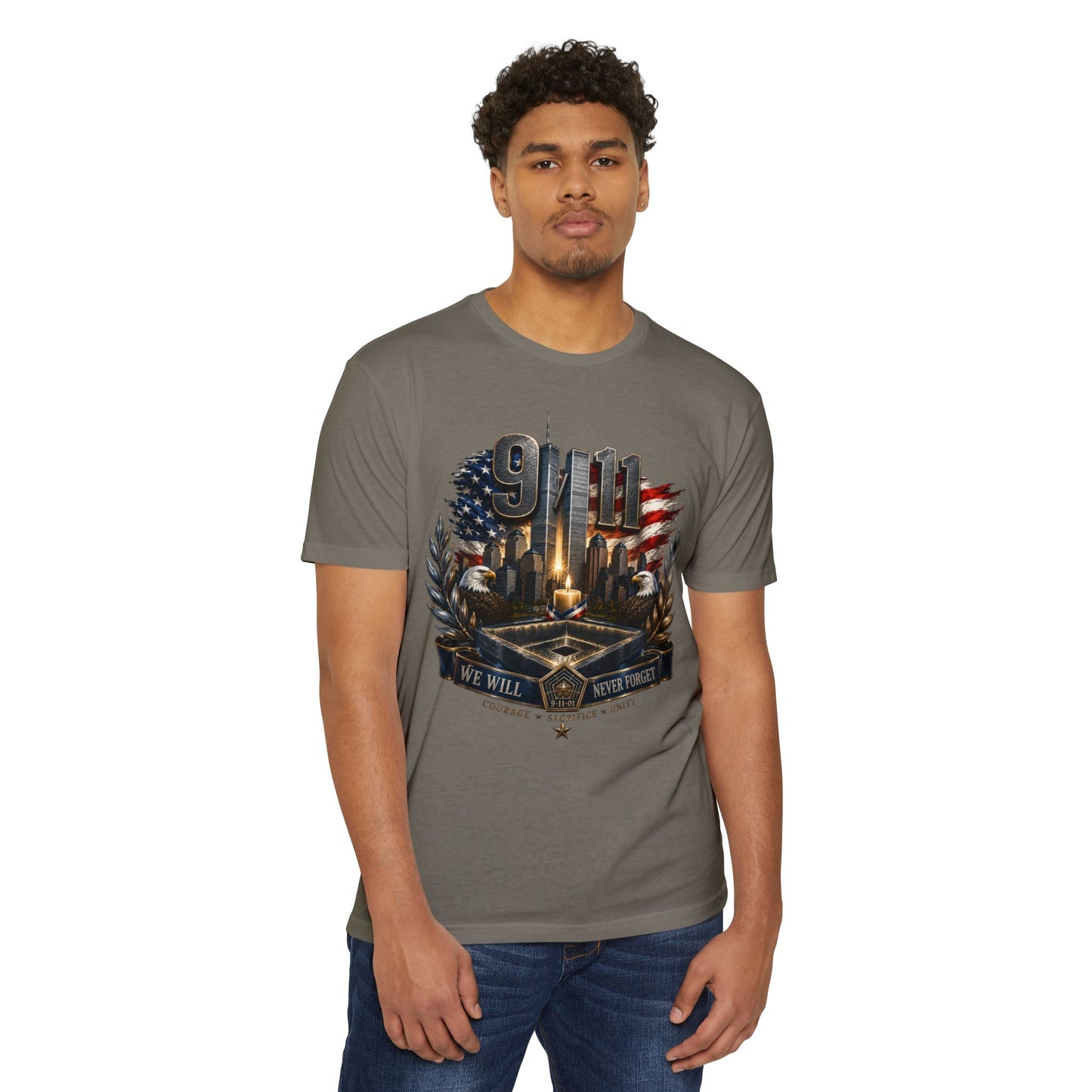 9/11 Never Forget Memorial T-Shirt — Tribute American Flag Skyline Tee