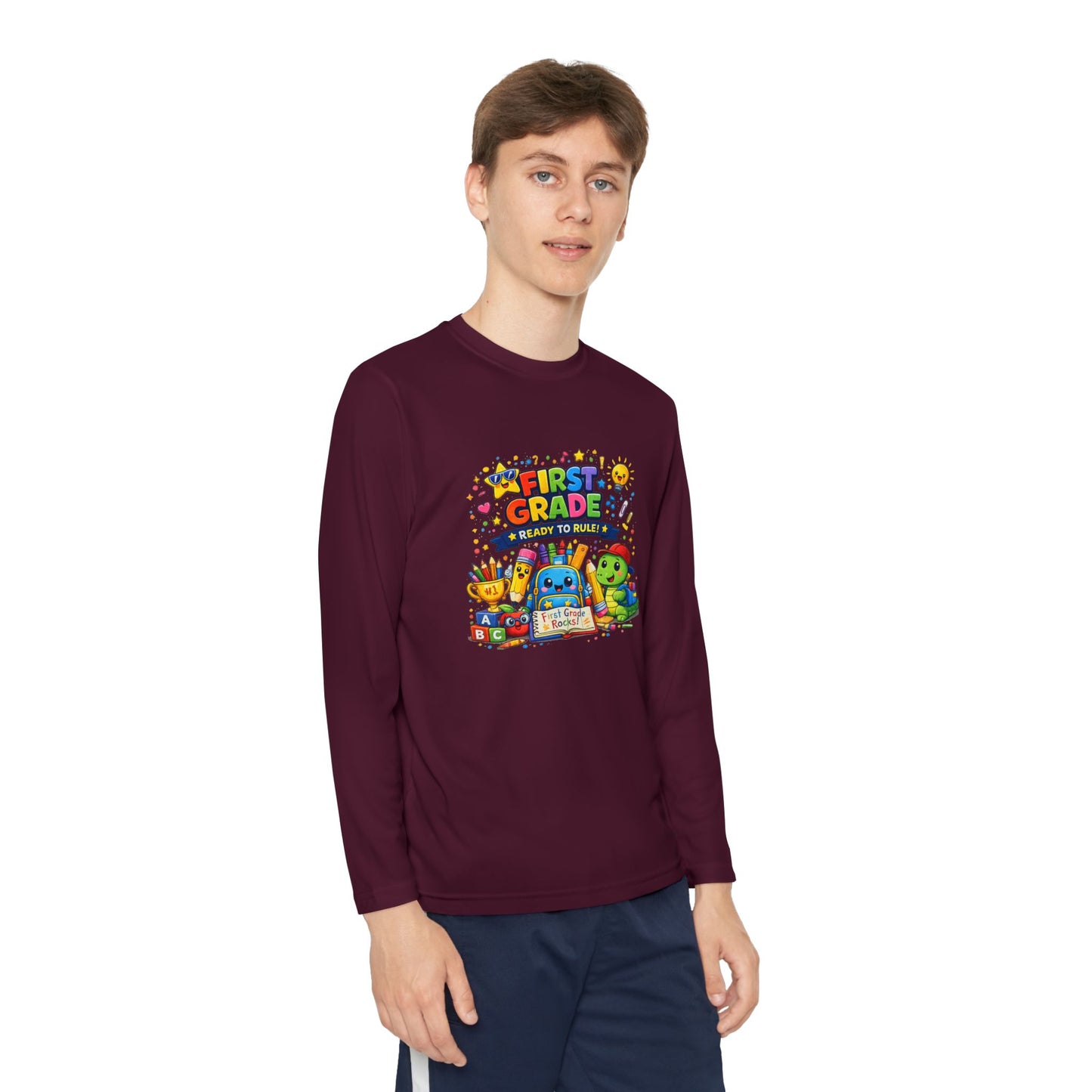 First Grade Ready Youth Long Sleeve Tee — "First Grade Here I Come" Back-to-School Shirt