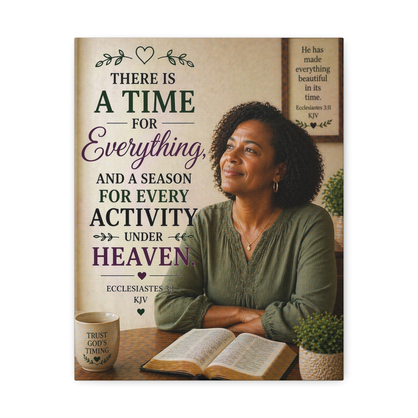 Religious Wall Art Stretched Canvas – "There Is A Time For Everything" Ecclesiastes Inspirational Bible Verse Decor