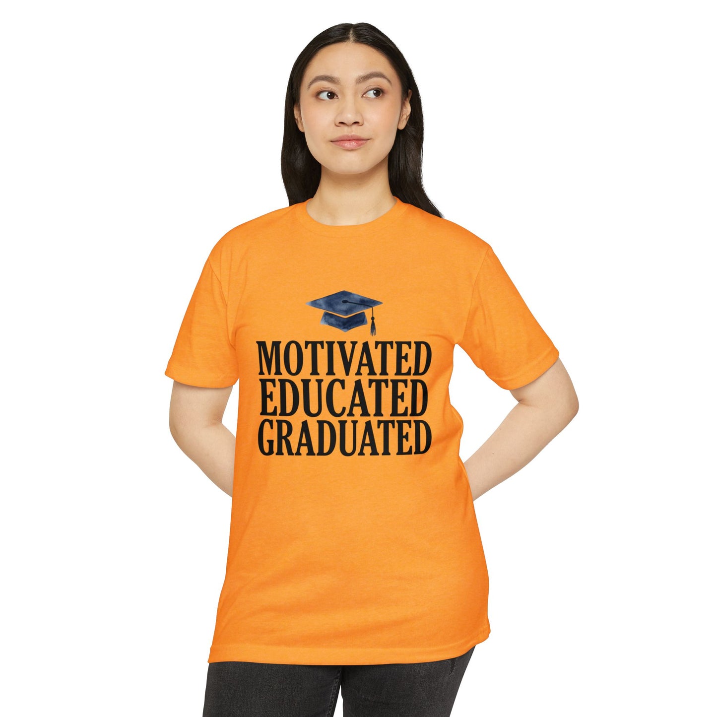 Graduation Tee — "Motivated Educated Graduated" Cap Design