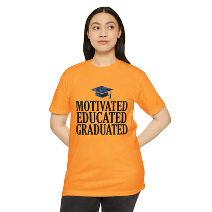 Graduation Tee — "Motivated Educated Graduated" Cap Design