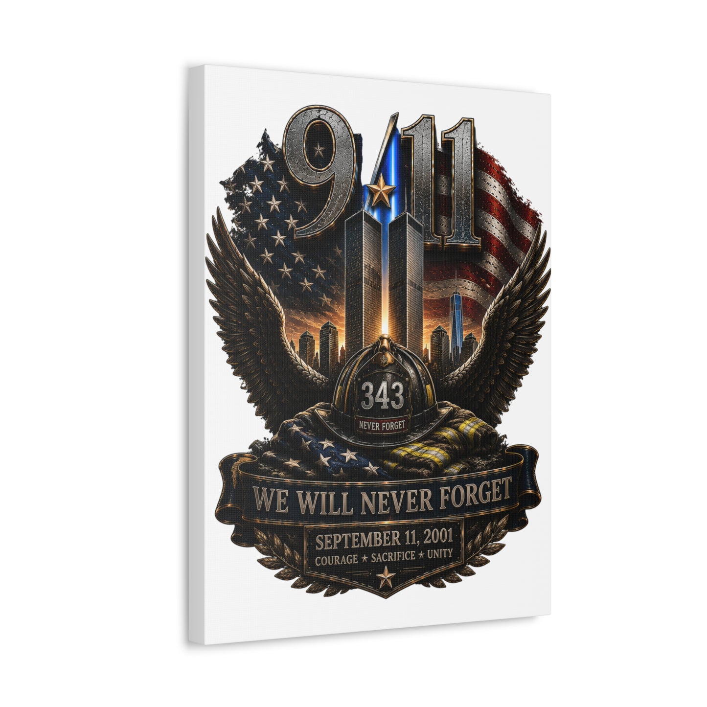 9/11 Memorial Stretched Canvas — "We Will Never Forget" Tribute Art (September 11, 2001)