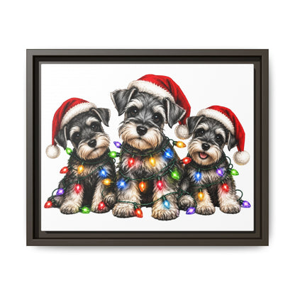 Christmas Schnauzer Canvas Print — Festive Puppies in Santa Hats (Matte Framed)