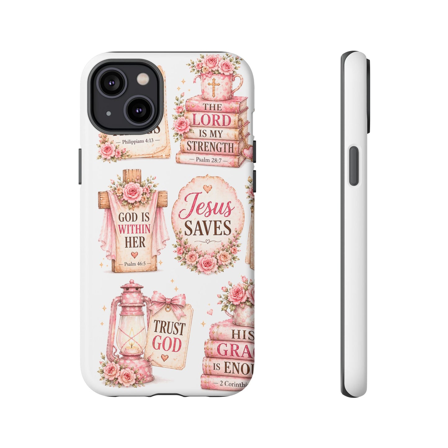 Christian Phone Case — Jesus Saves Floral Tough Case with 'God Is Within Her' & 'Trust God' Design
