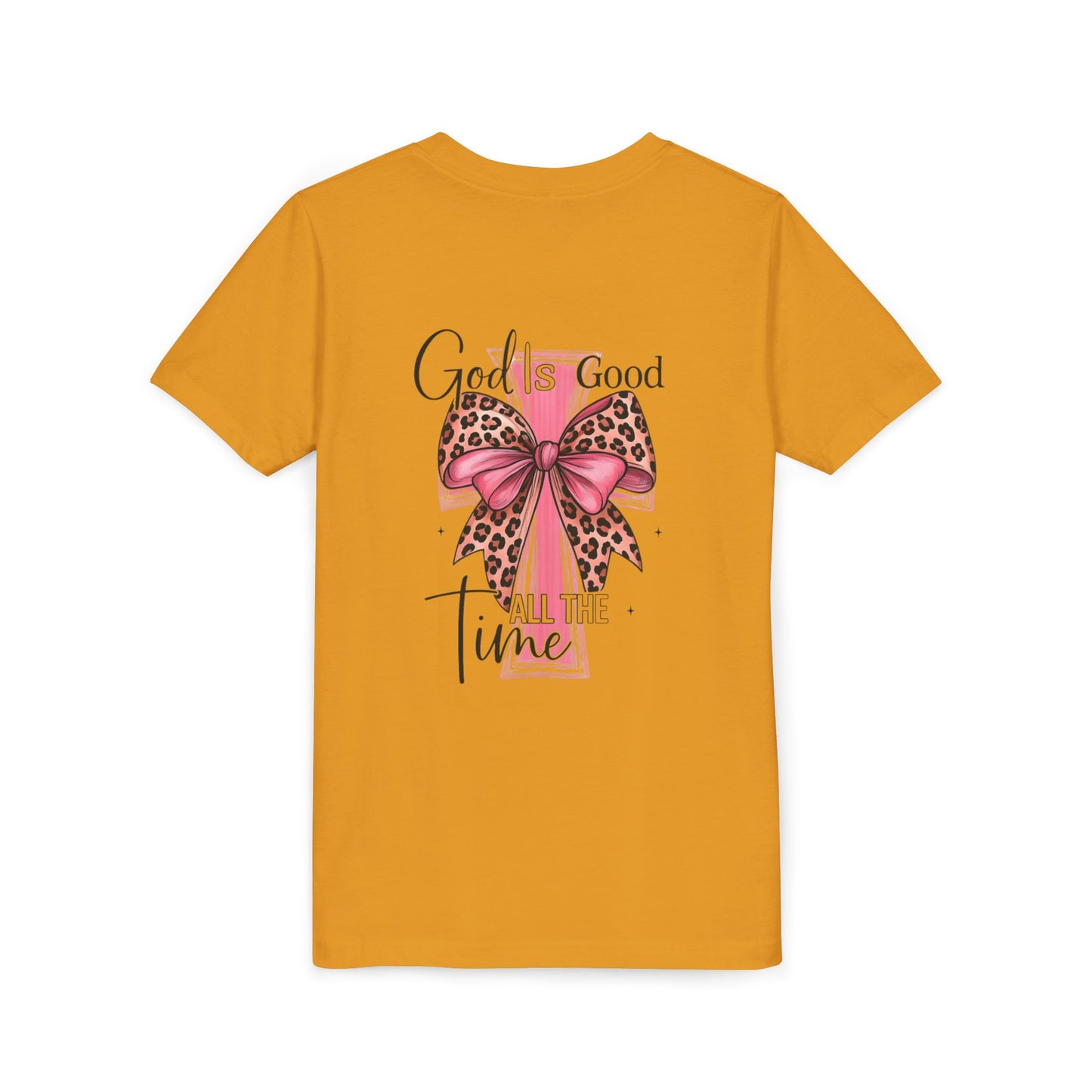 Youth Tee — "God is Good All the Time" Pink Cross with Leopard Bow