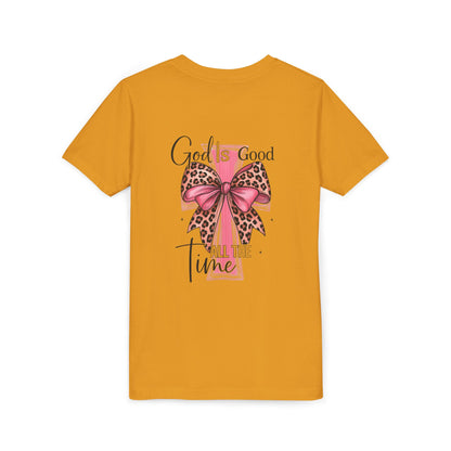 Youth Tee — "God is Good All the Time" Pink Cross with Leopard Bow