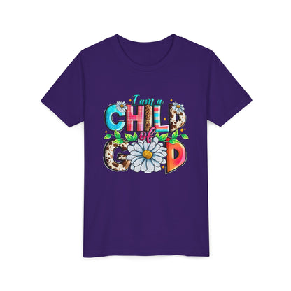 Youth Tee — "I Am a Child of God" Floral Christian Graphic