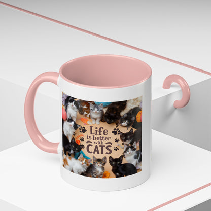 Cat Lover Accent Coffee Mug — “Life Is Better With Cats” 11/15oz