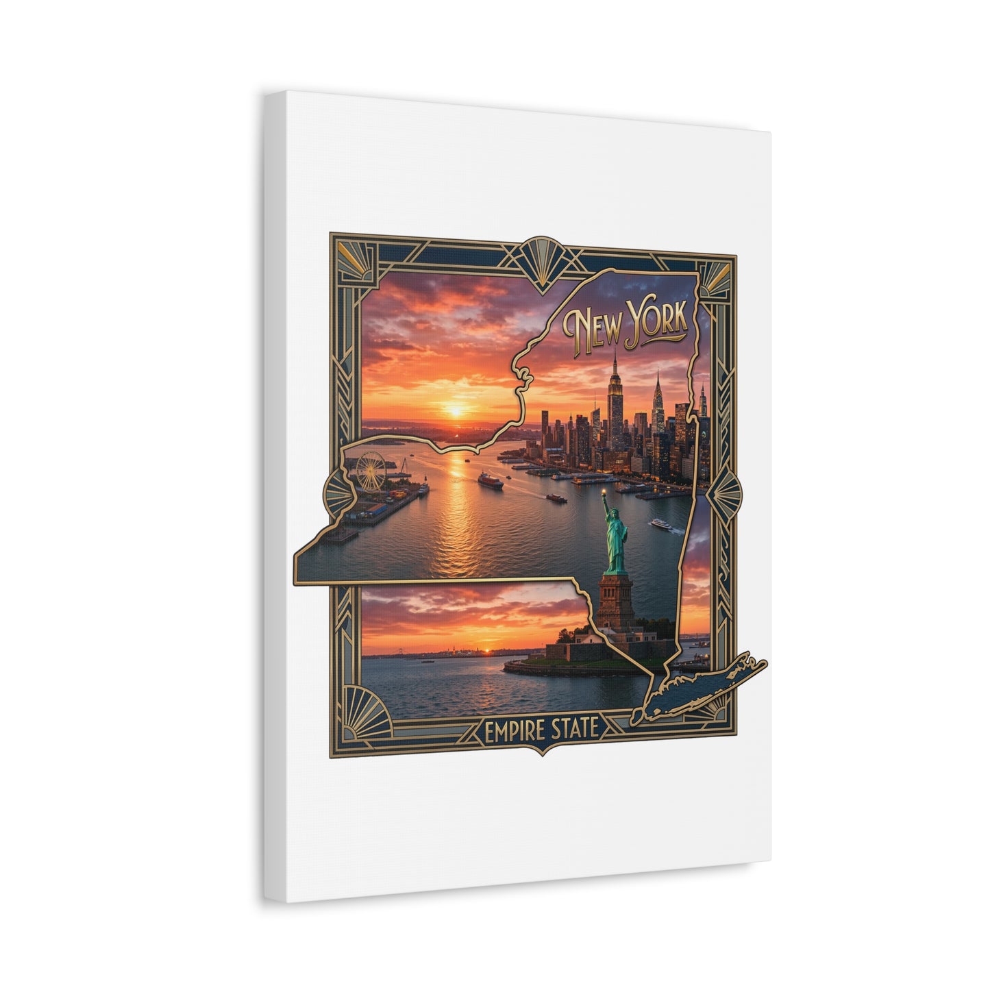 New York Sunset Stretched Canvas – Empire State Skyline with Statue of Liberty