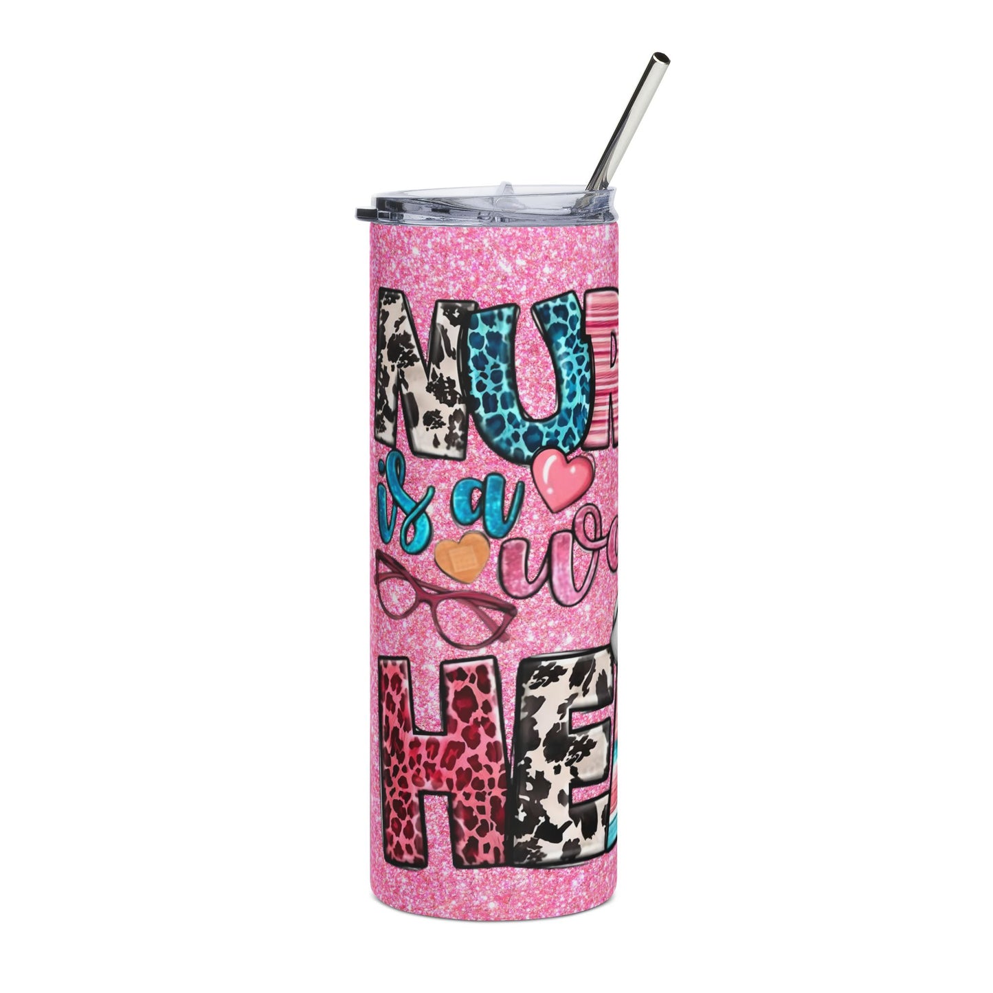 20oz Nurse Tumbler — Pink Glitter 'Nurse is a Work of Heart' Stainless Steel Travel Cup