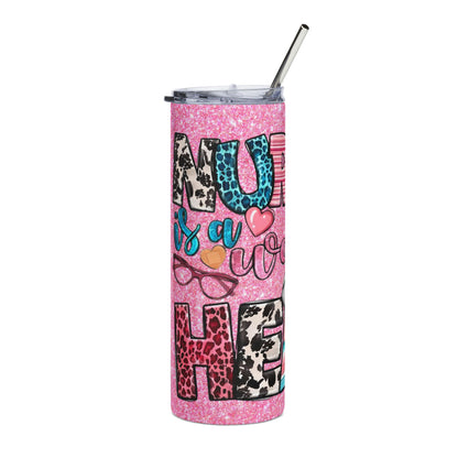 20oz Nurse Tumbler — Pink Glitter 'Nurse is a Work of Heart' Stainless Steel Travel Cup