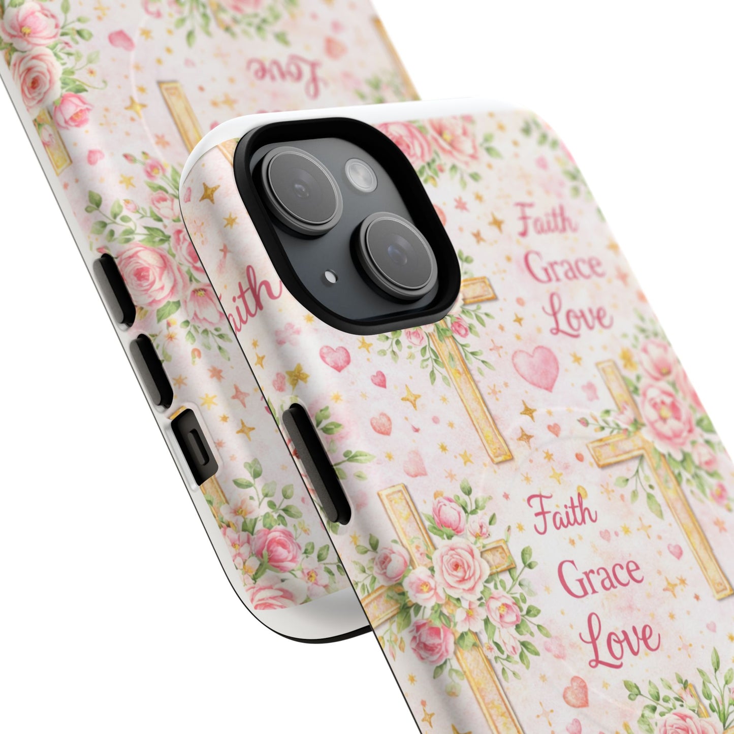 Christian Floral Cross Phone Case — "Faith Grace Love" Tough Magnetic Case