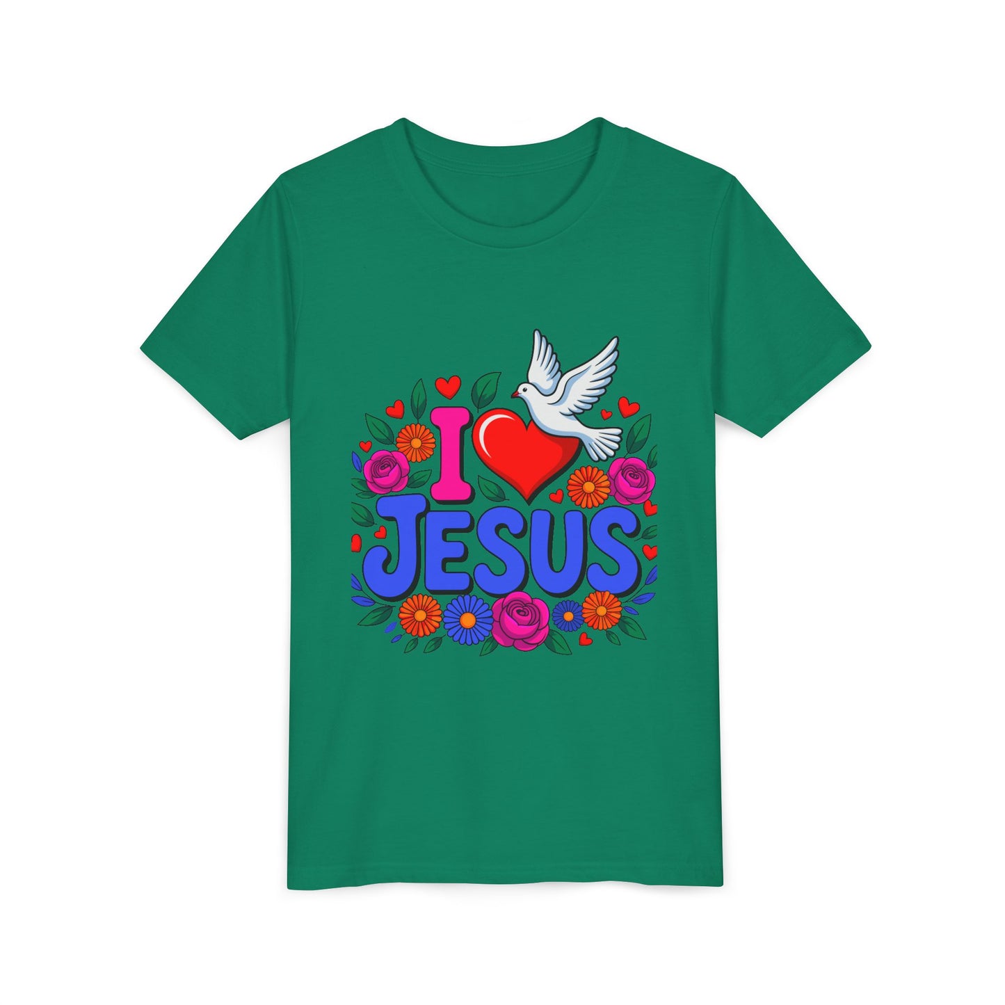 Youth Tee — "I  Jesus" Colorful Dove & Floral Christian Shirt