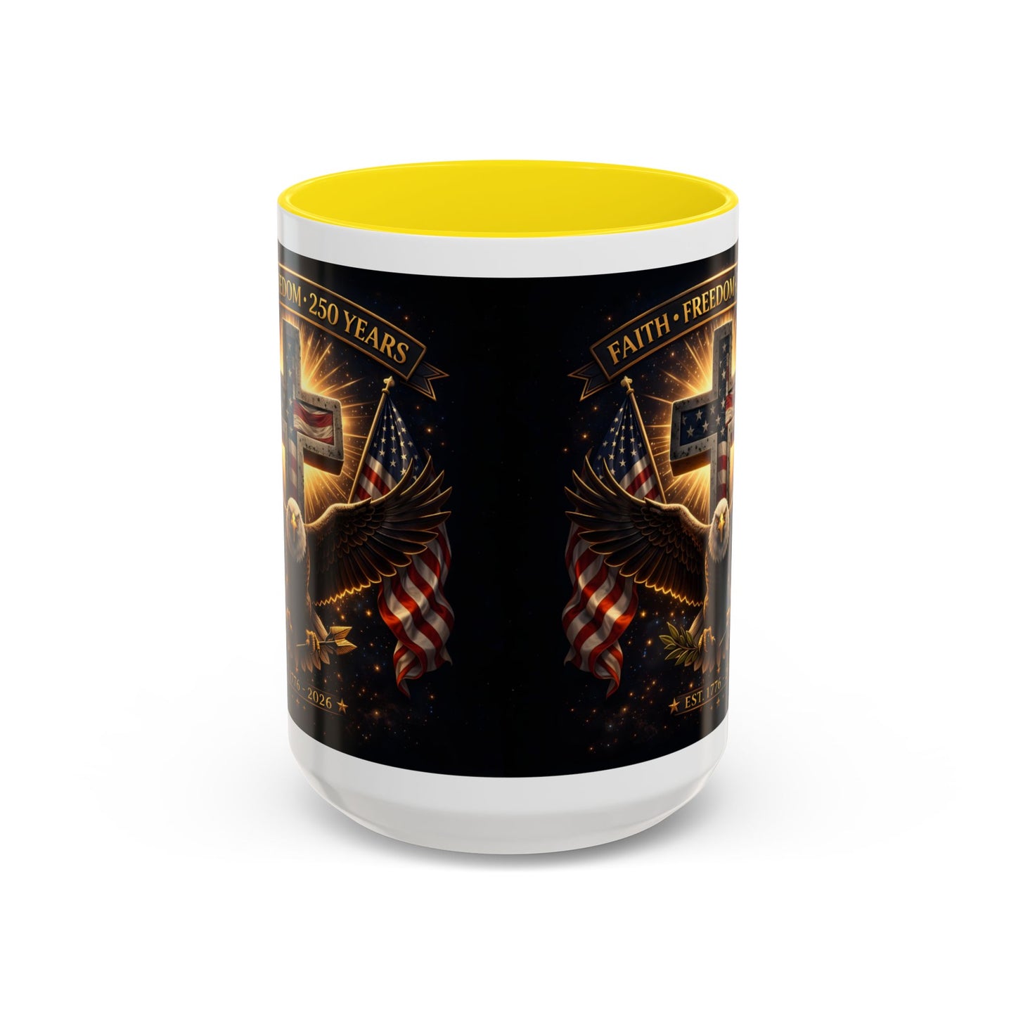 Patriotic Faith & Freedom Accent Coffee Mug — Eagle, Cross & American Flag (1776–2026)