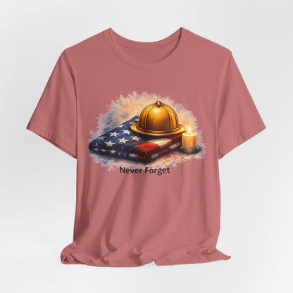 Never Forget Memorial T‑Shirt — Firefighter Helmet & Flag Tribute