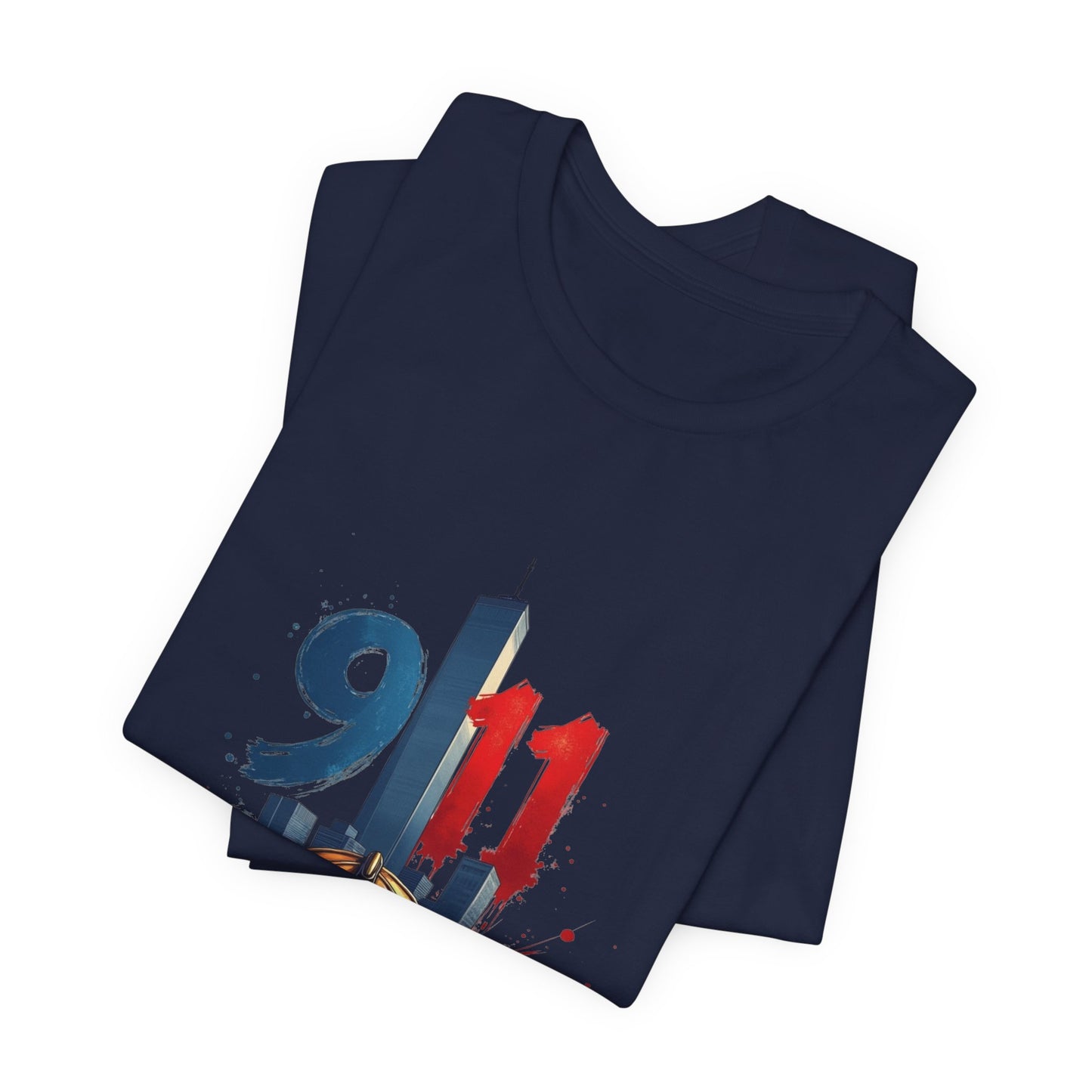 9/11 Firefighter Memorial Tee — Tribute T-Shirt with Helmet & Twin Towers Design
