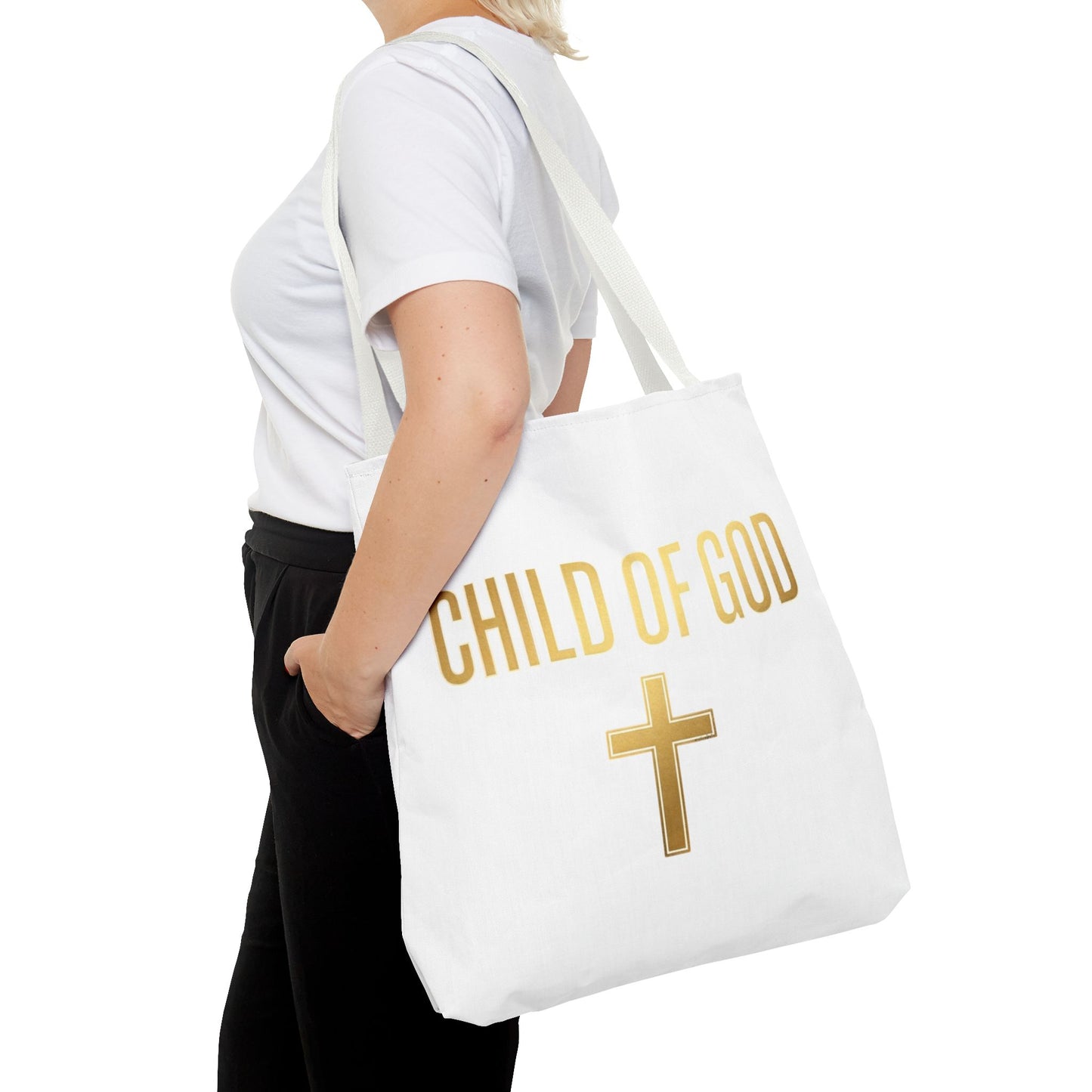 Child of God Tote Bag — Gold Cross Religious Canvas Tote