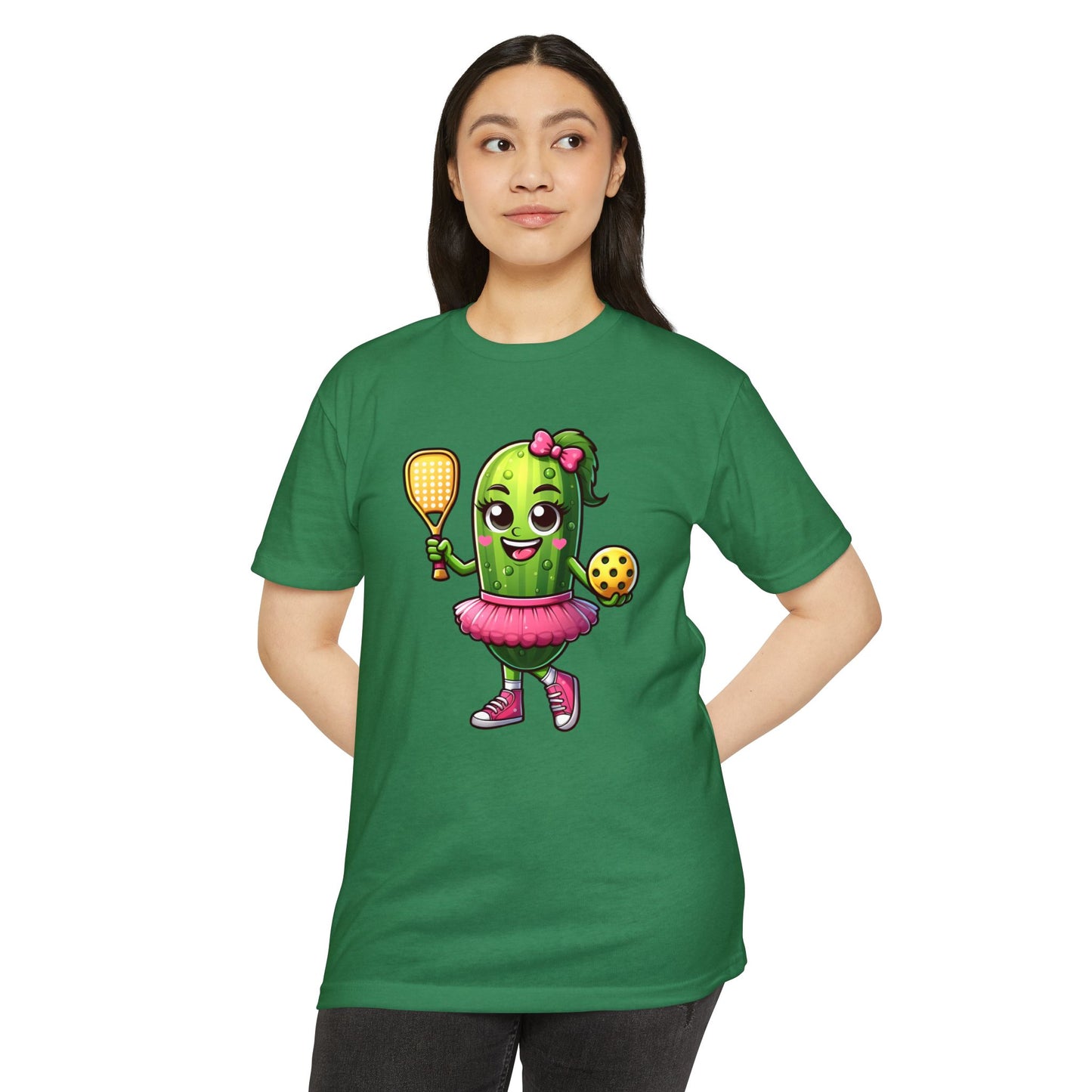 Pickle Paddleball T-Shirt — Cute Pickle Character in Tutu with Paddle & Ball