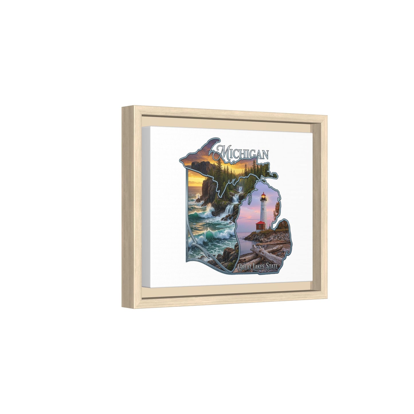 Michigan Framed Canvas Wall Art — Great Lakes State Lighthouse & Shoreline Print