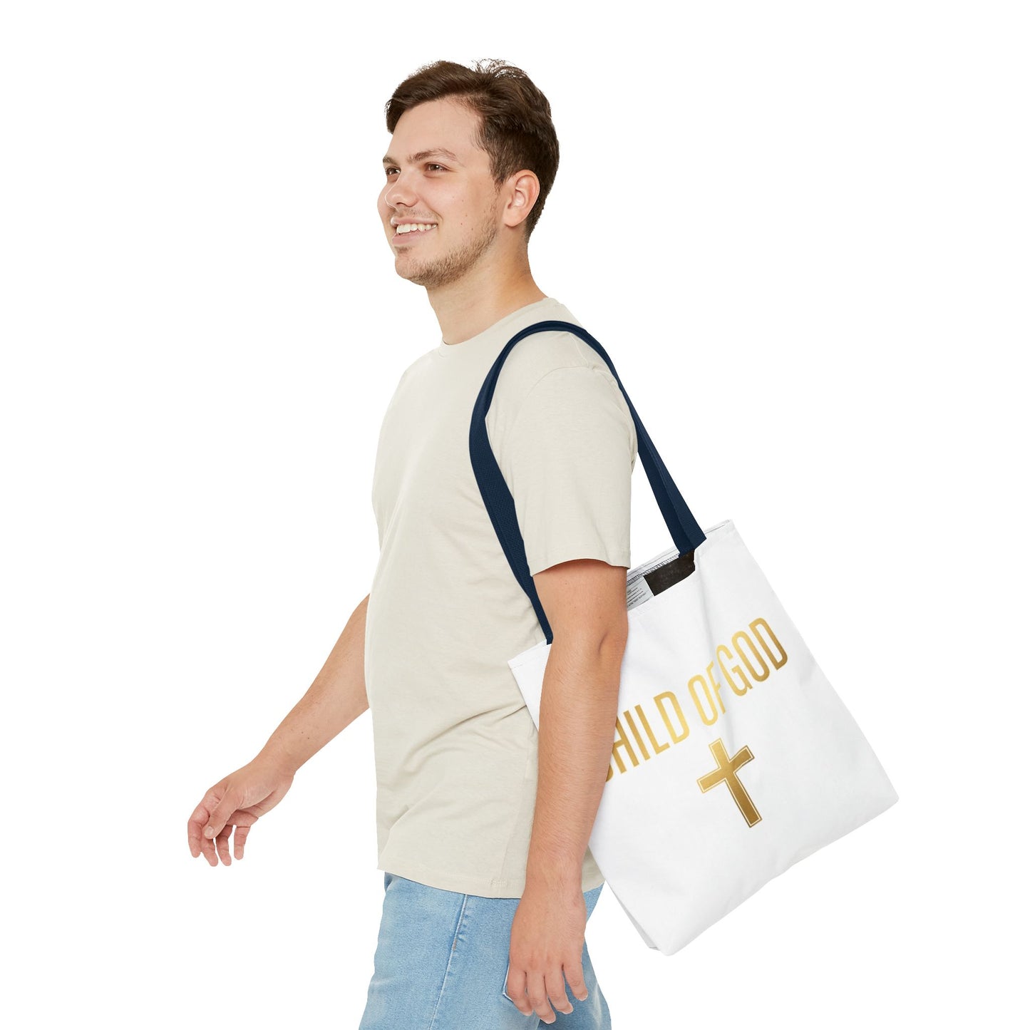 Child of God Tote Bag — Gold Cross Religious Canvas Tote