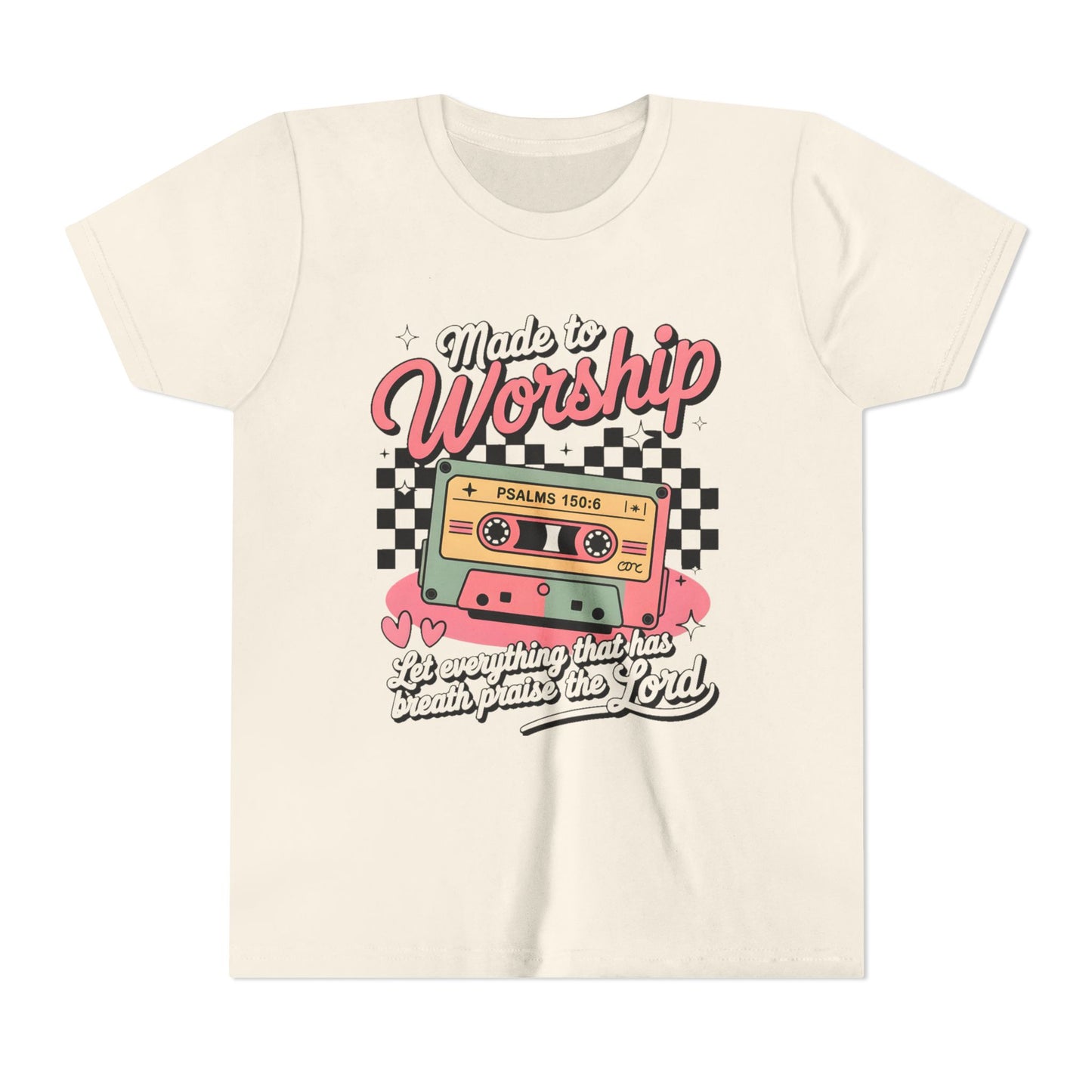 Made to Worship Youth Tee – Retro Cassette Christian Kids Shirt (Psalms 100:4)