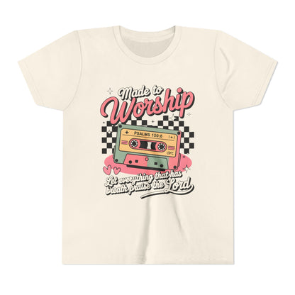 Made to Worship Youth Tee – Retro Cassette Christian Kids Shirt (Psalms 100:4)