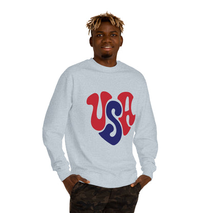 USA Heart Crewneck Sweatshirt — Retro Red & Blue Patriotic Pullover