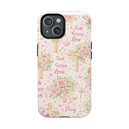 Christian Floral Cross Phone Case — "Faith Grace Love" Tough Magnetic Case