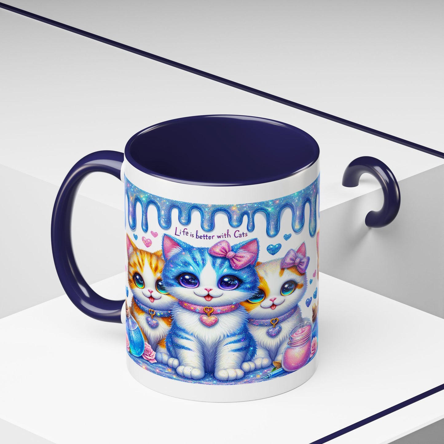 Cute Kawaii Cats Coffee Mug - "Life is Better with Cats" Accent Mug