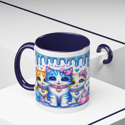 Cute Kawaii Cats Coffee Mug - "Life is Better with Cats" Accent Mug