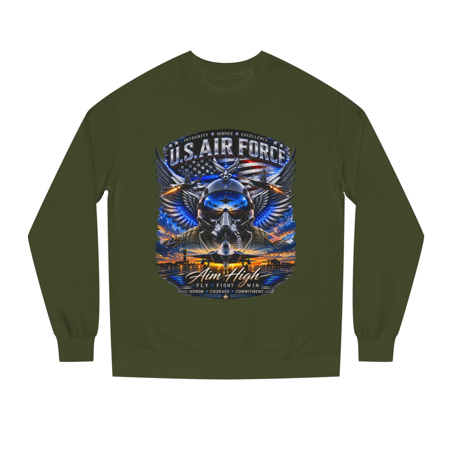 U.S. Air Force Crewneck Sweatshirt — "Aim High" Fighter Jet Graphic
